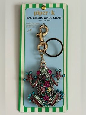 Piper K Frog Bag Charm Key Chain Bling Rhinestone Colorful Crystal Gold Tone NEW